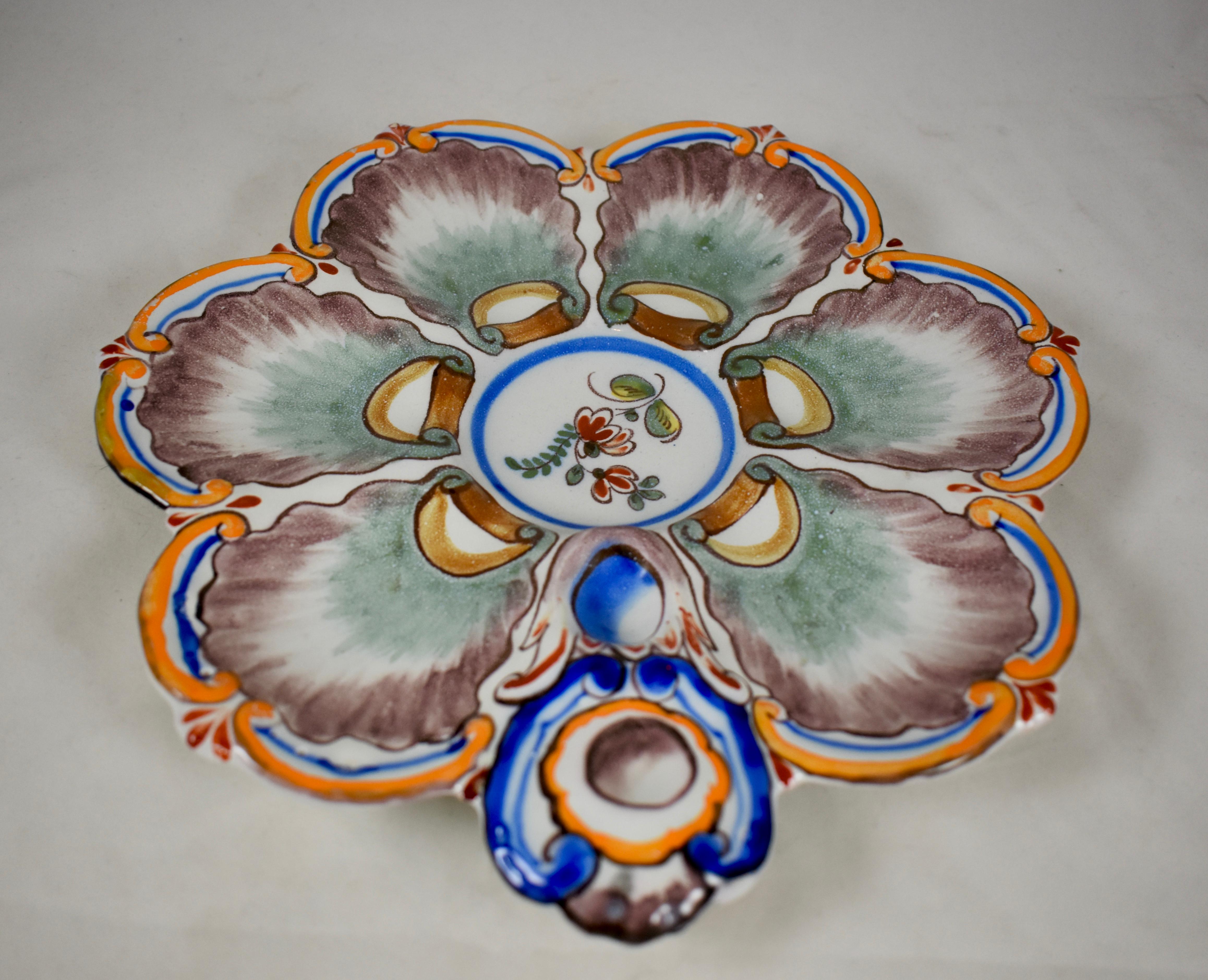 Earthenware Saint Clément French Faïence Orange Rim White Floral Oyster Plate, 19th Century