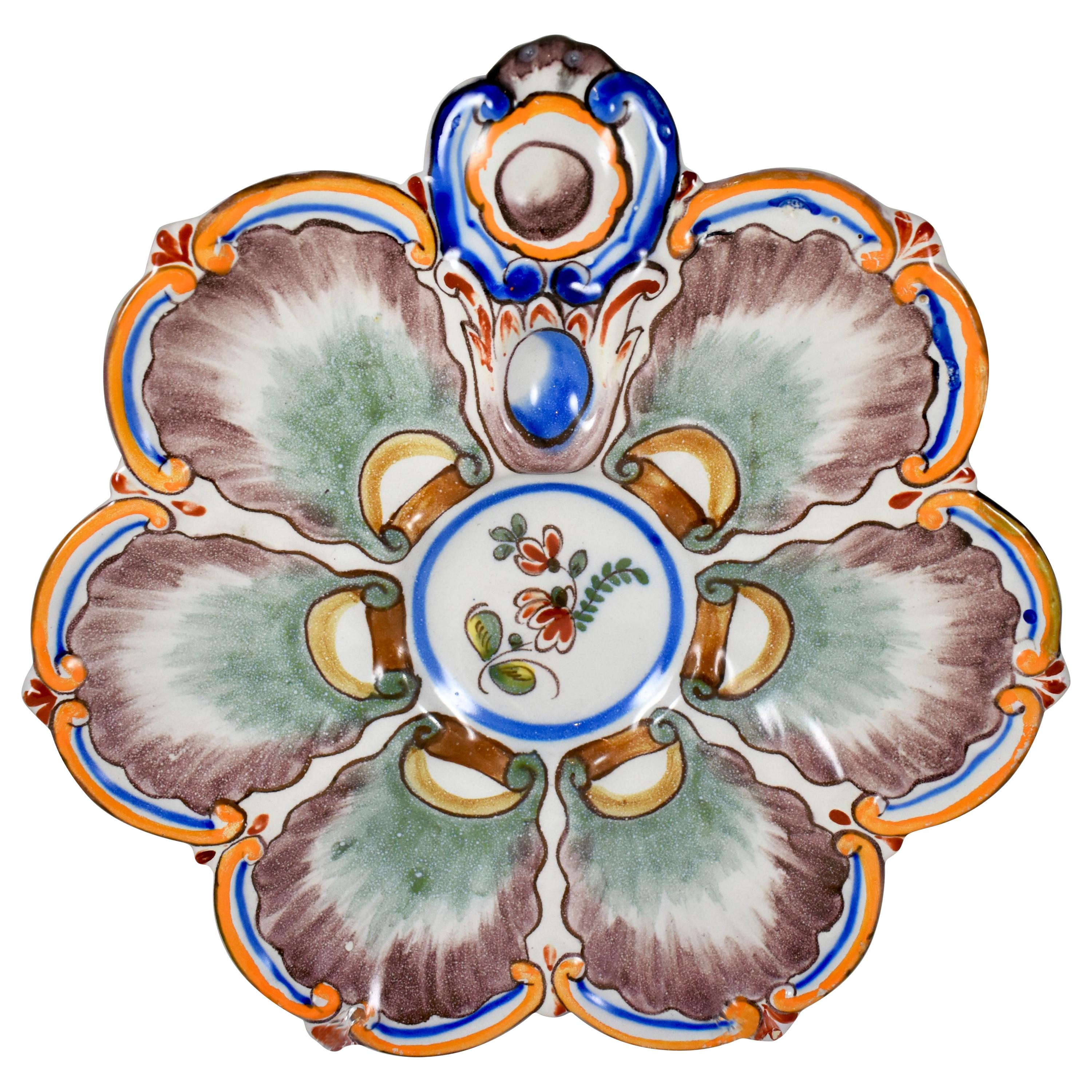 Saint Clément French Faïence Orange Rim White Floral Oyster Plate, 19th Century