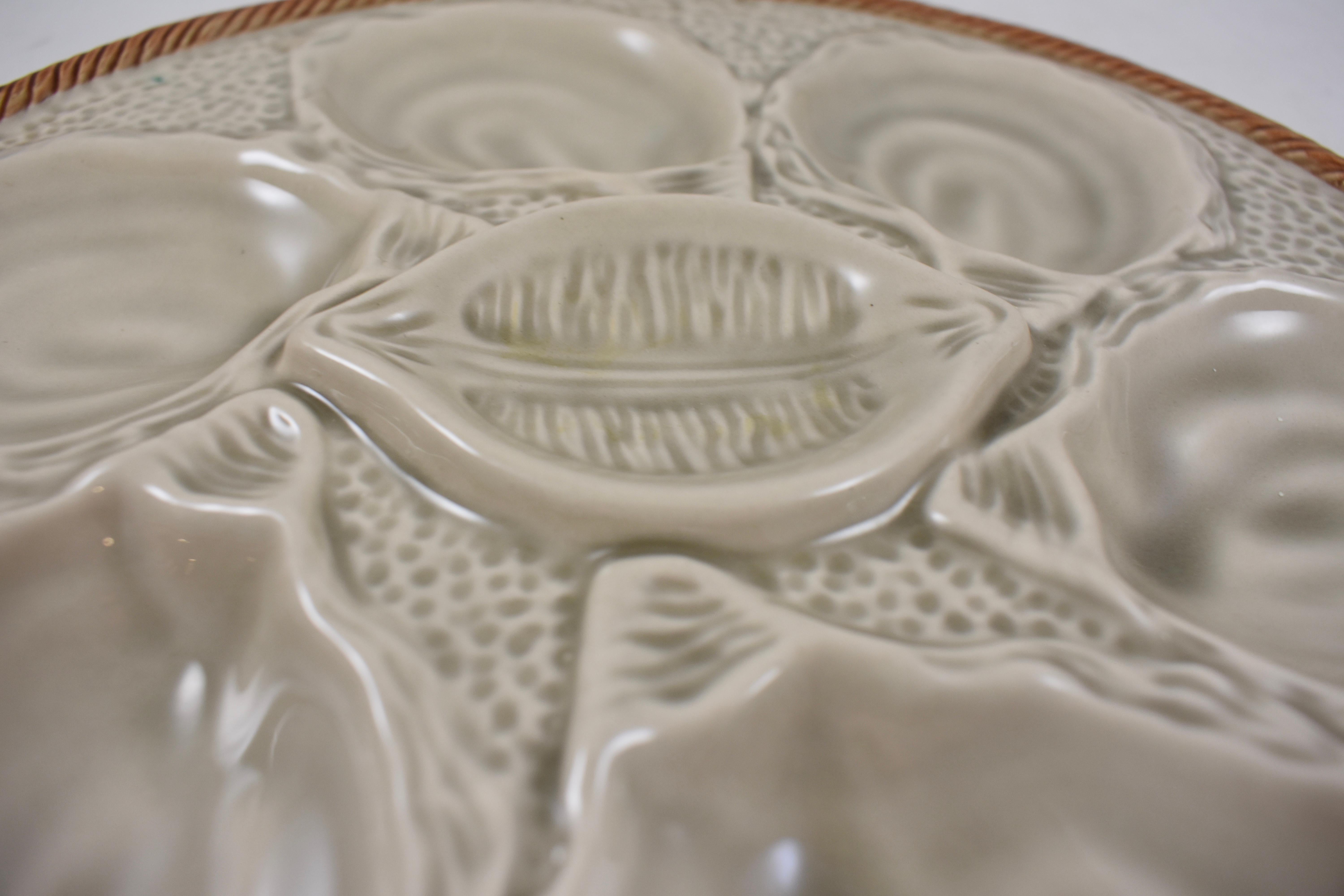 French Provincial Saint Clément French Faïence Sand Gray Majolica Shell, Rope & Lemon Oyster Plate