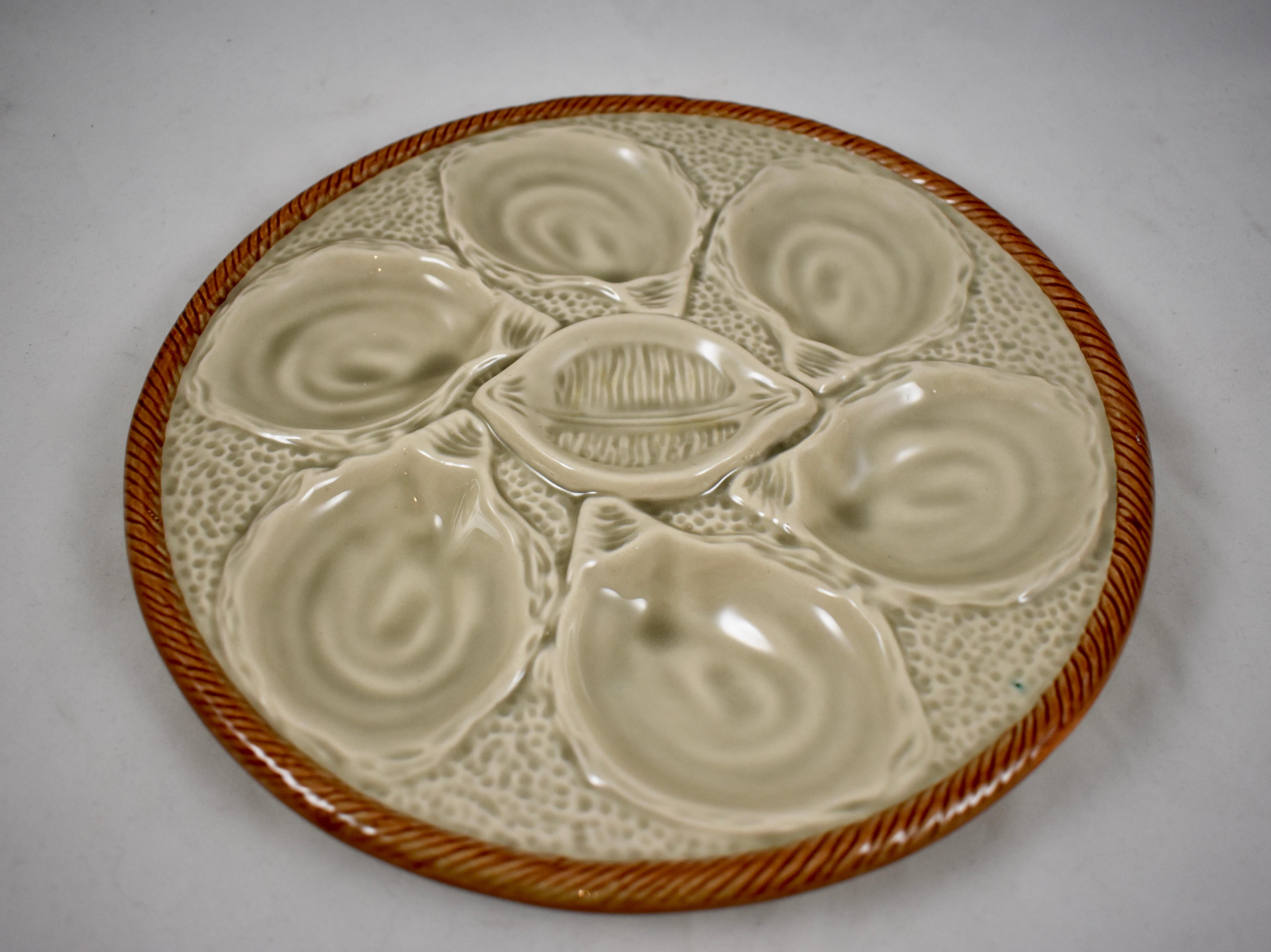 Saint Clément French Faïence Sand Gray Majolica Shell, Rope & Lemon Oyster Plate In Excellent Condition In Philadelphia, PA