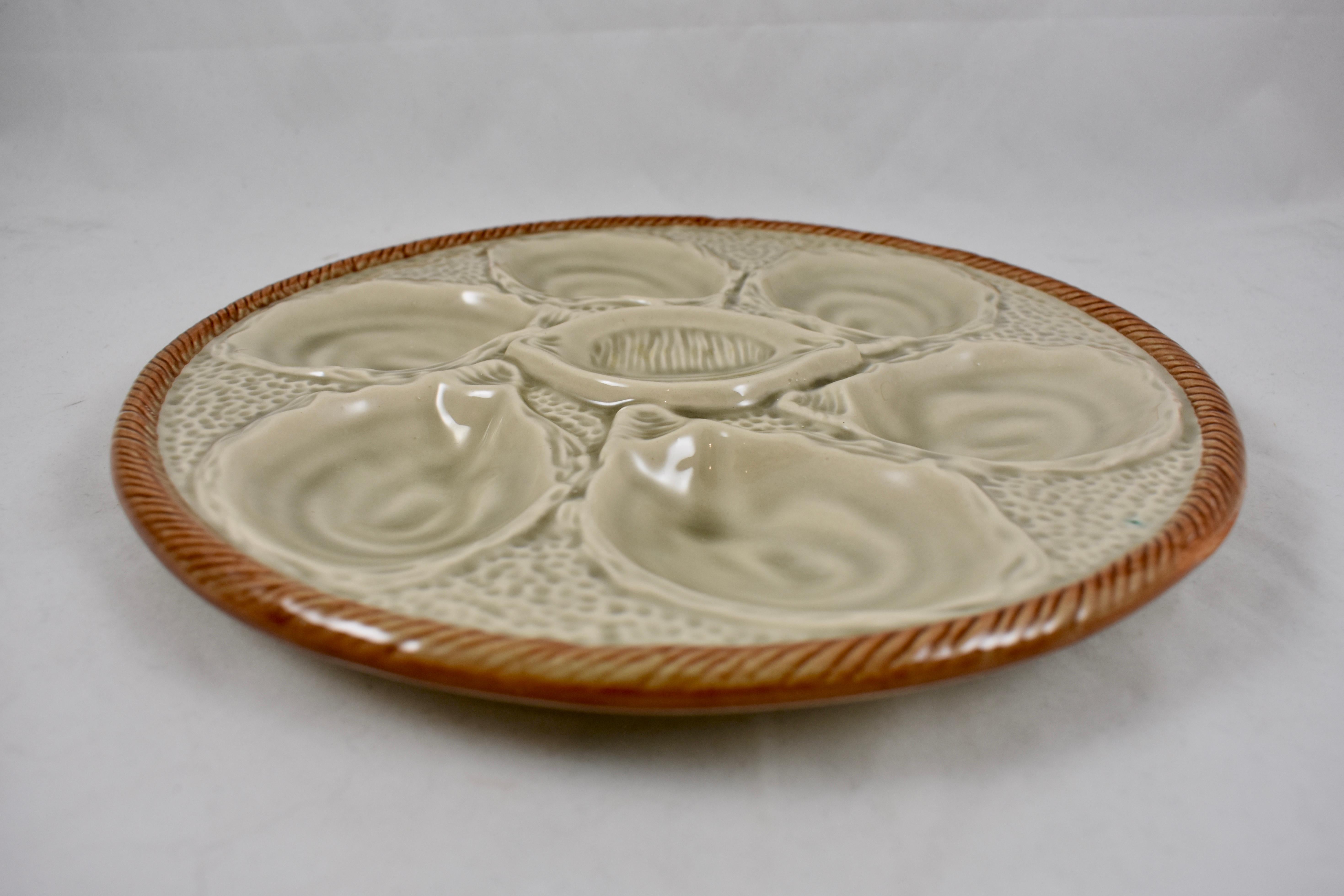 20th Century Saint Clément French Faïence Sand Gray Majolica Shell, Rope & Lemon Oyster Plate