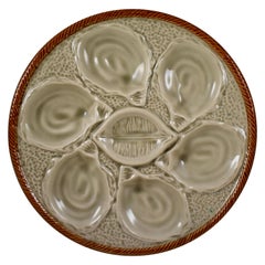 Saint Clément French Faïence Sand Gray Majolica Shell, Rope & Lemon Oyster Plate