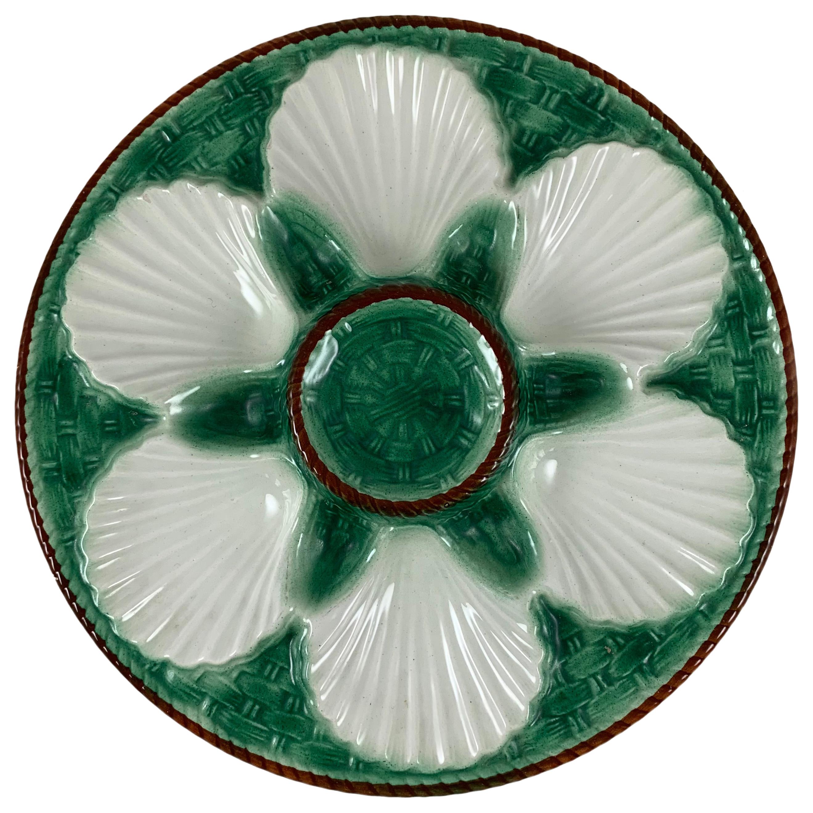 Saint Clément French Green Basketweave and Brown Rope Bordered Oyster Plate