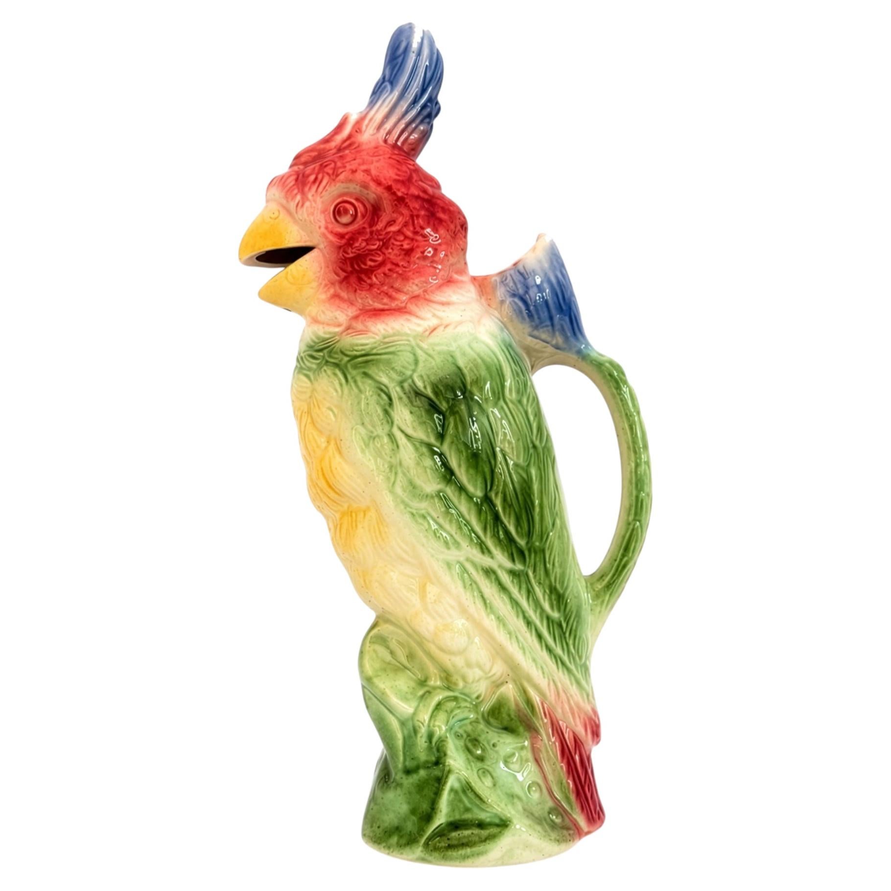 Vintage St. Clement French Majolica Cockatoo Pitcher For Sale