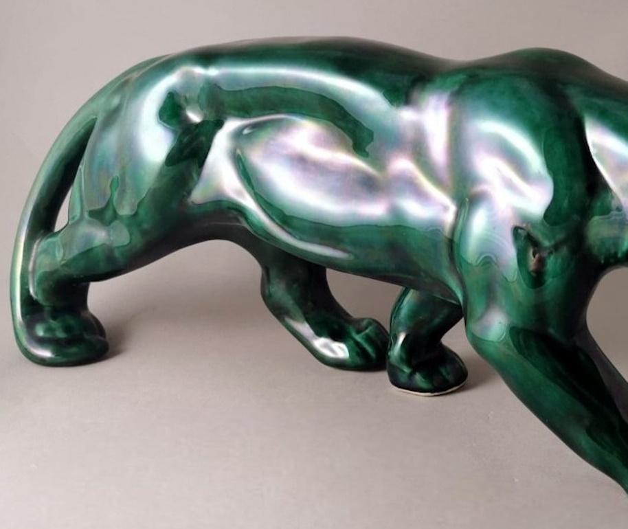 Saint. Clement Style Art Deco French Panther In Green Glazed Ceramic  7