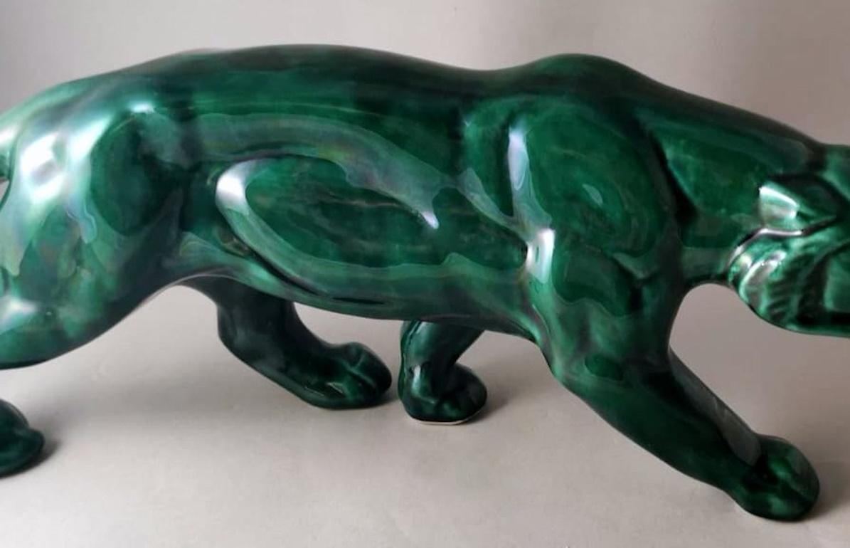 Saint. Clement Style Art Deco French Panther In Green Glazed Ceramic  8