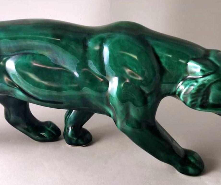 Saint. Clement Style Art Deco French Panther In Green Glazed Ceramic  9