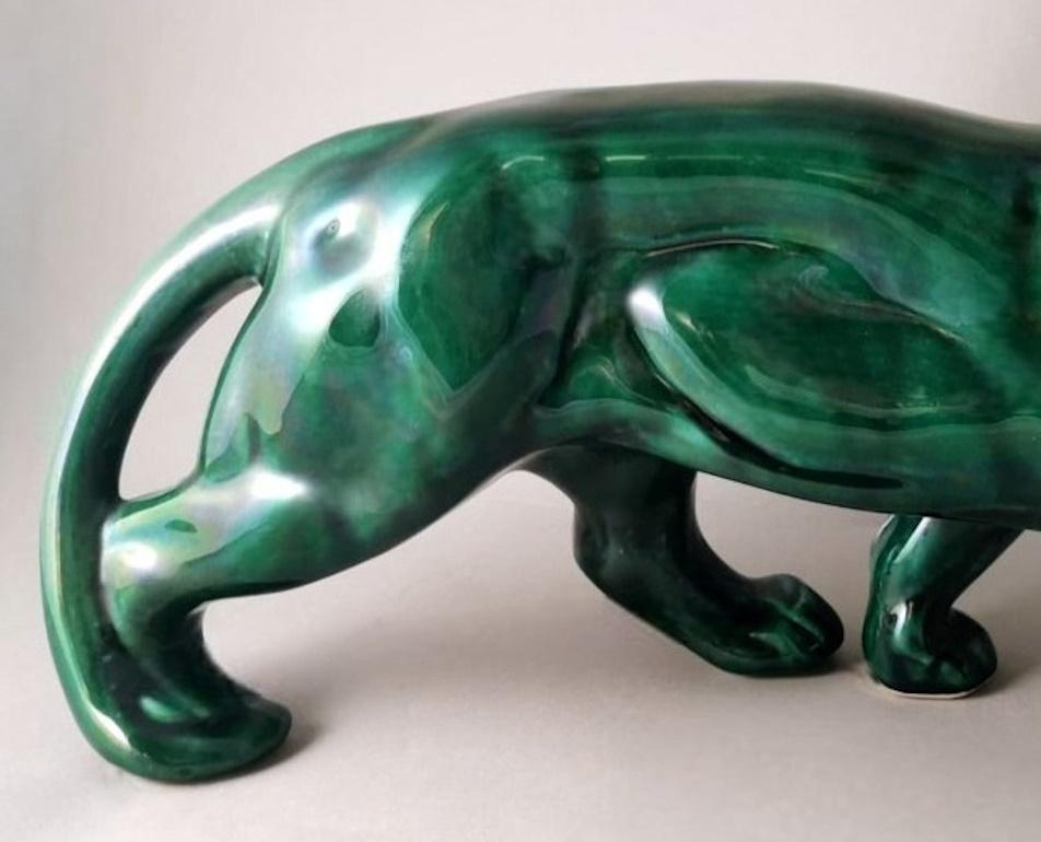 Saint. Clement Style Art Deco French Panther In Green Glazed Ceramic  10
