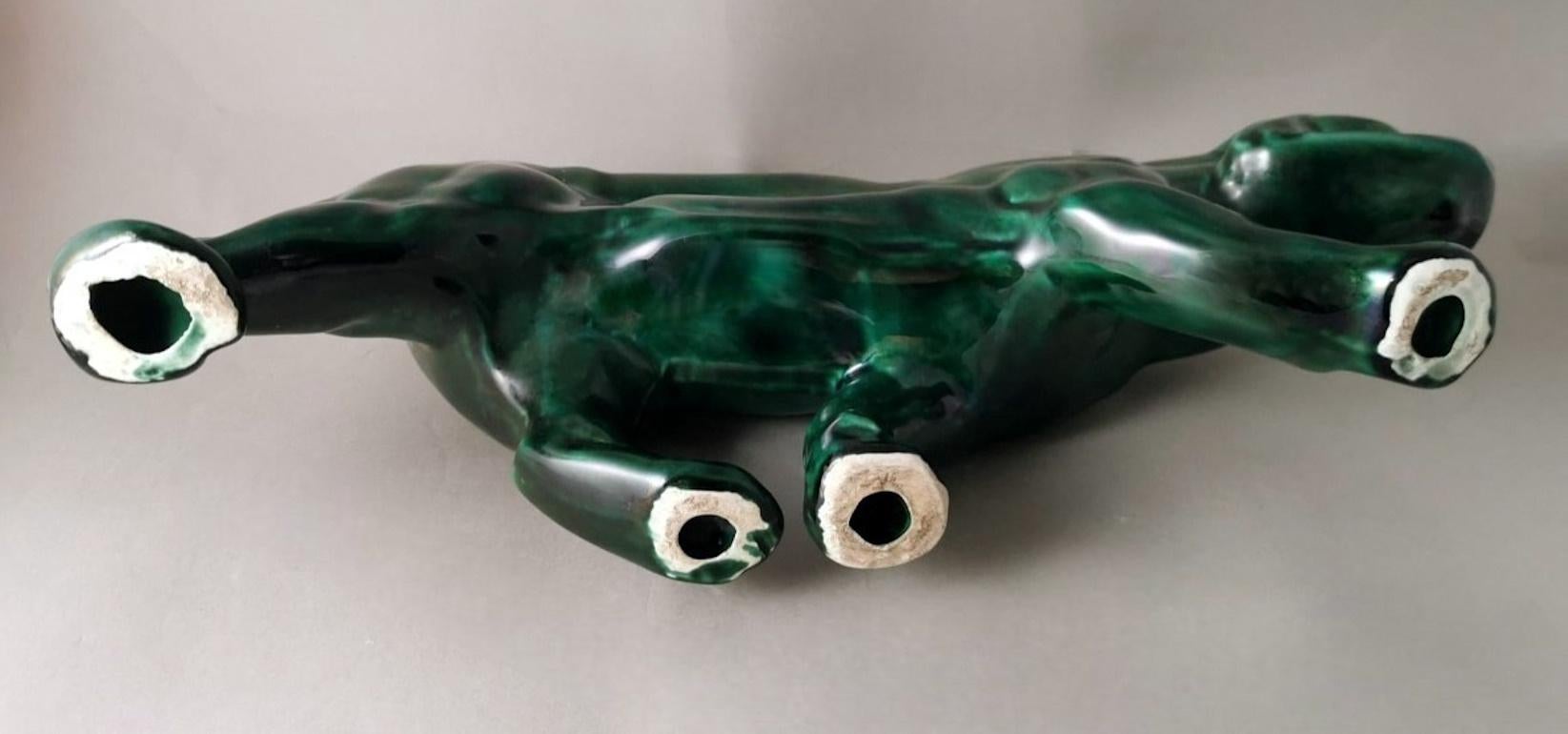 Saint. Clement Style Art Deco French Panther In Green Glazed Ceramic  11