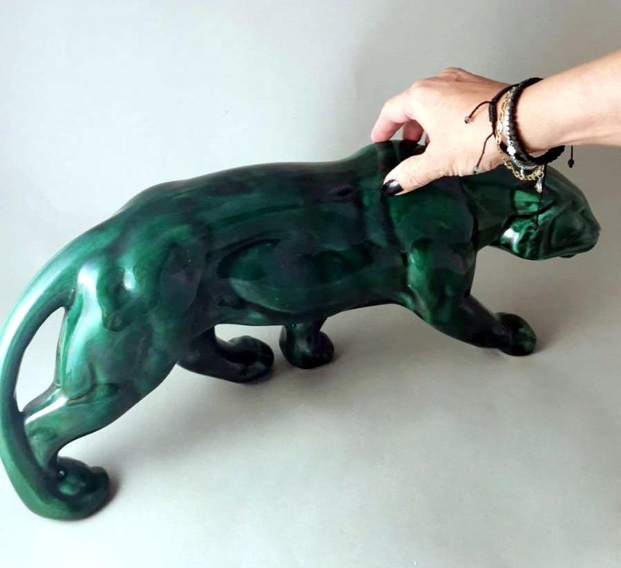 Saint. Clement Style Art Deco French Panther In Green Glazed Ceramic  12