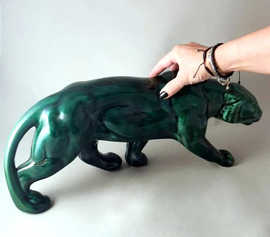 Saint. Clement Style Art Deco French Panther In Green Glazed Ceramic  13