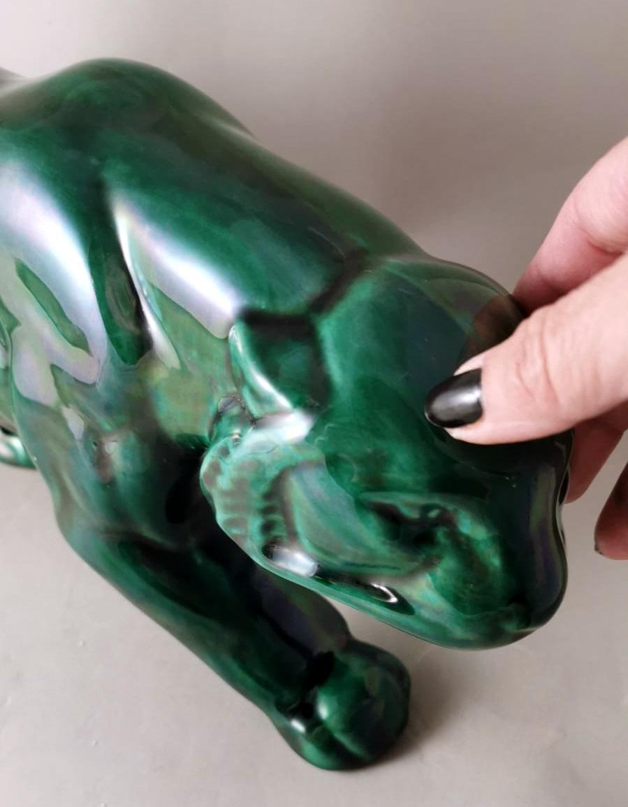 Saint. Clement Style Art Deco French Panther In Green Glazed Ceramic  14