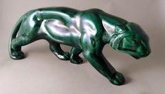 Saint. Clement Style Art Deco French Panther In Green Glazed Ceramic