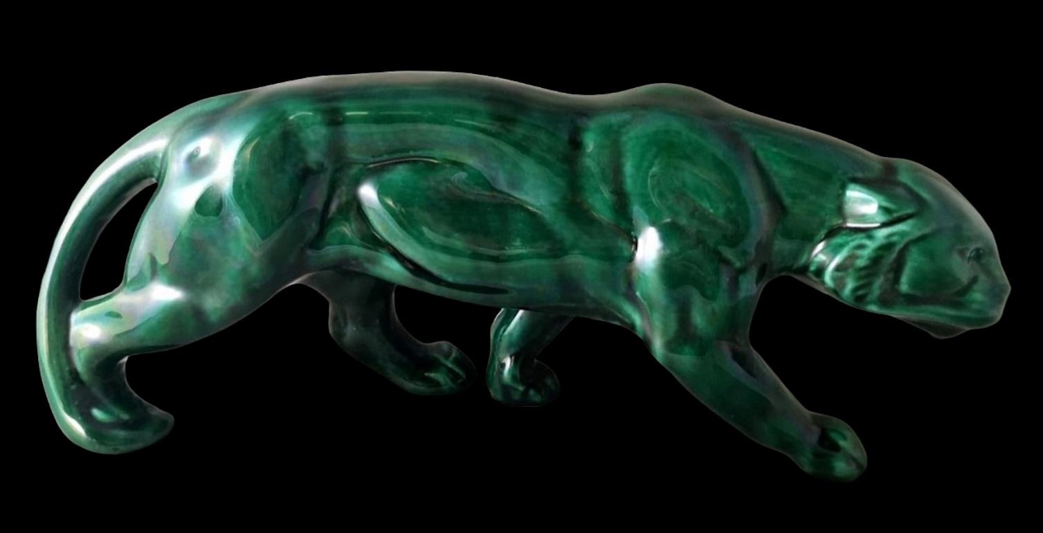 Saint. Clement Style Art Deco French Panther In Green Glazed Ceramic  In Good Condition In Prato, Tuscany
