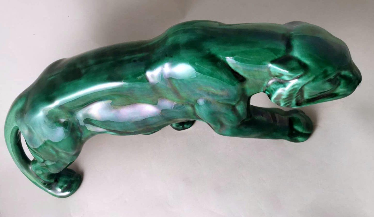20th Century Saint. Clement Style Art Deco French Panther In Green Glazed Ceramic 