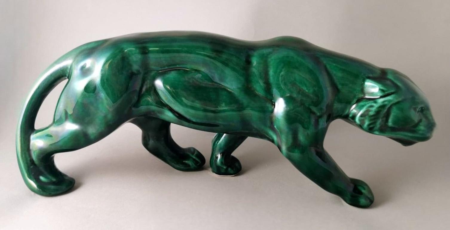 Saint. Clement Style Art Deco French Panther In Green Glazed Ceramic  1