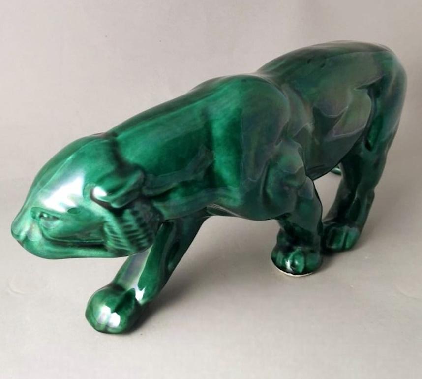 Saint. Clement Style Art Deco French Panther In Green Glazed Ceramic  2