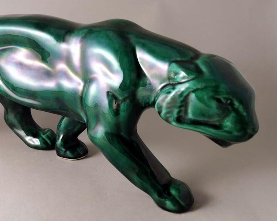 Saint. Clement Style Art Deco French Panther In Green Glazed Ceramic  3