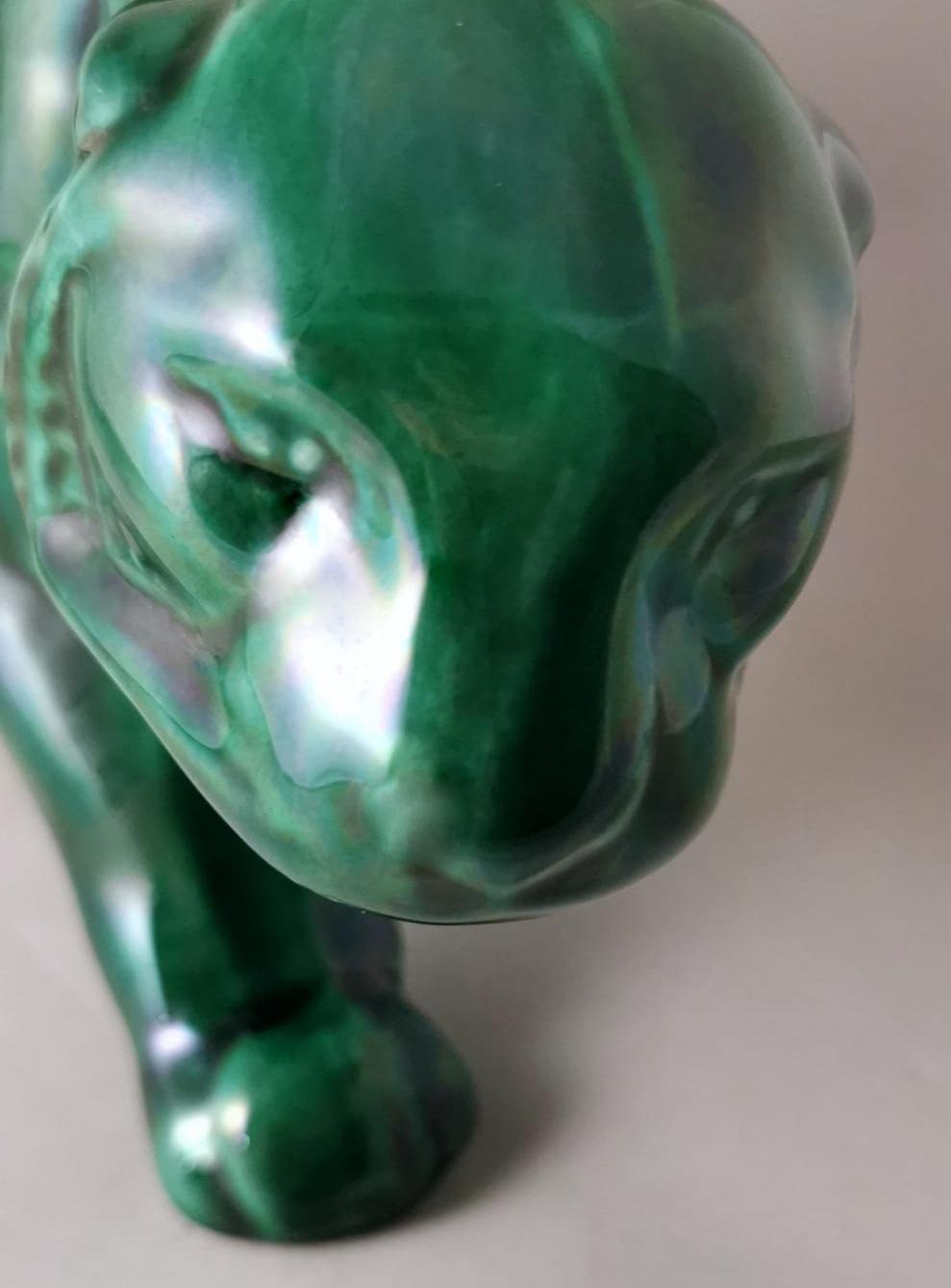 Saint. Clement Style Art Deco French Panther In Green Glazed Ceramic  5