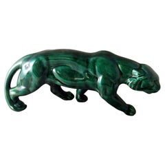 Saint. Clement Style Art Deco French Panther In Green Glazed Ceramic 