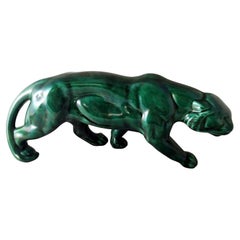 Vintage Saint. Clement Style Art Deco French Panther In Green Glazed Ceramic 