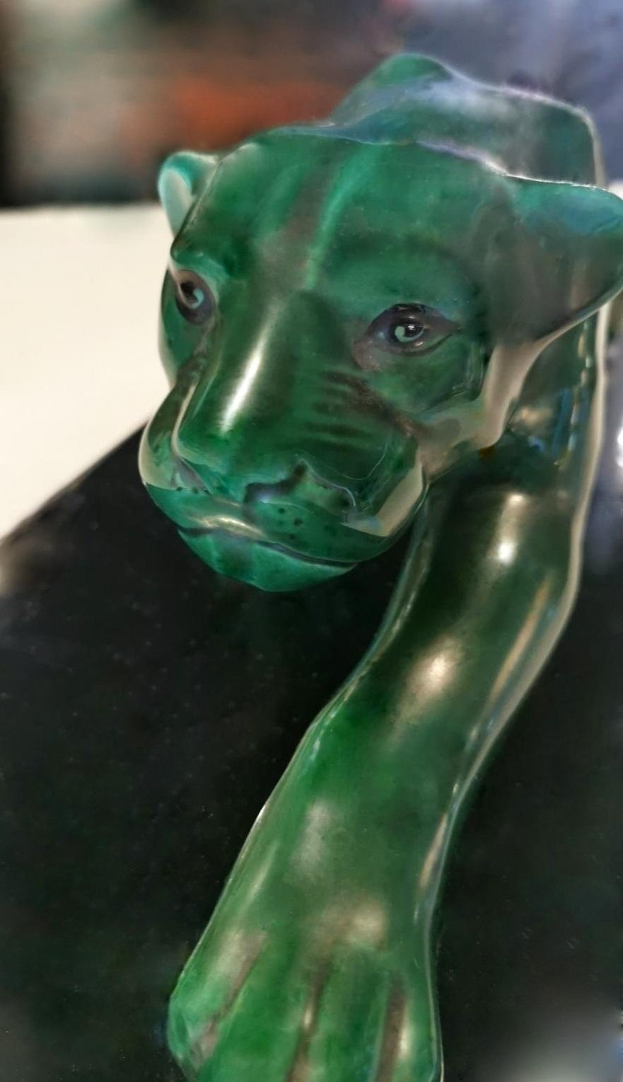 Art Deco Saint Clement Style Panther in Antique Green Ceramic Glazed France 4