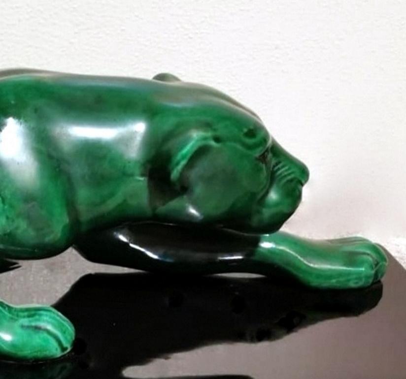 Art Deco Saint Clement Style Panther in Antique Green Ceramic Glazed France 5