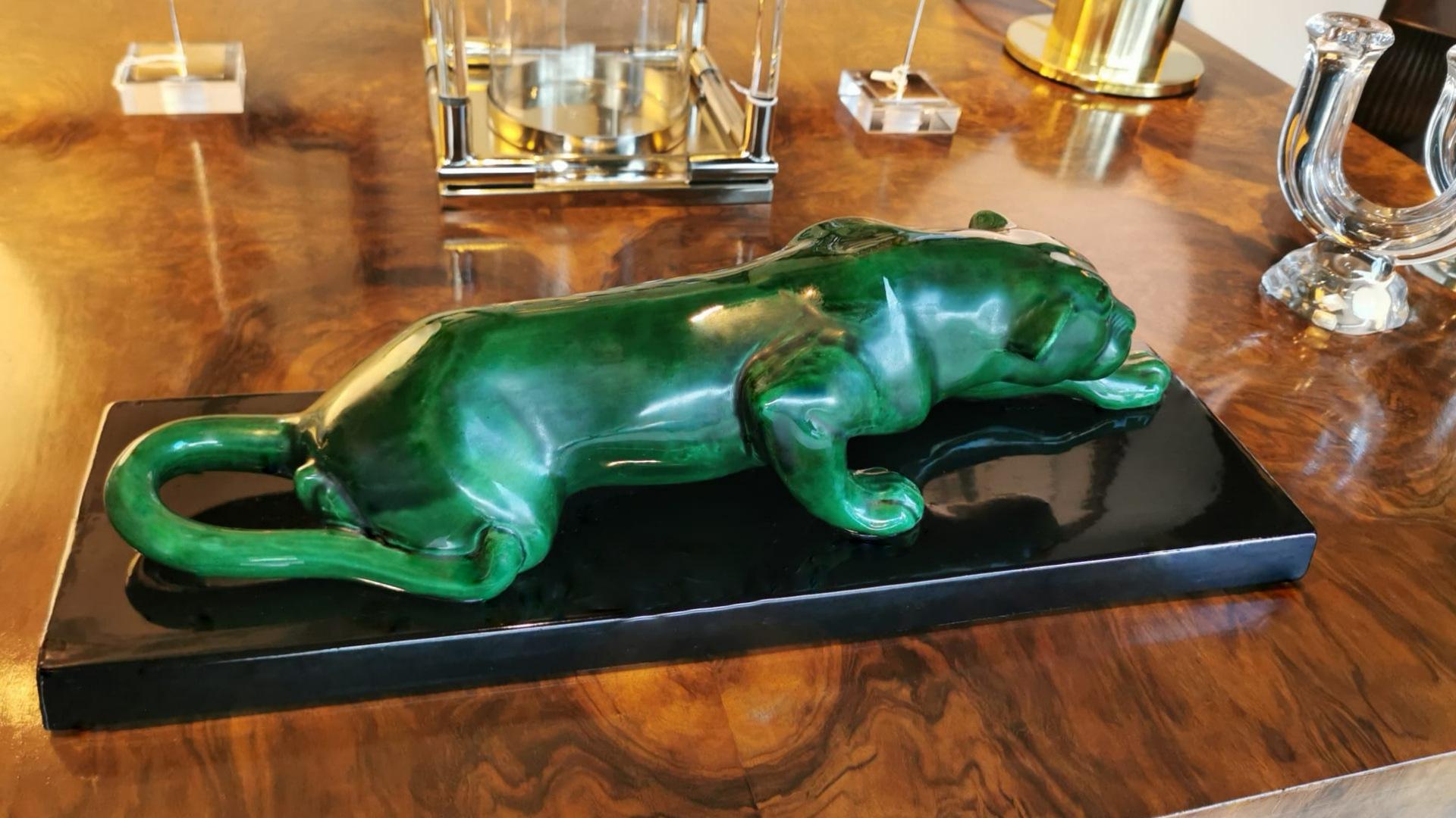 Art Deco Saint Clement Style Panther in Antique Green Ceramic Glazed France 6