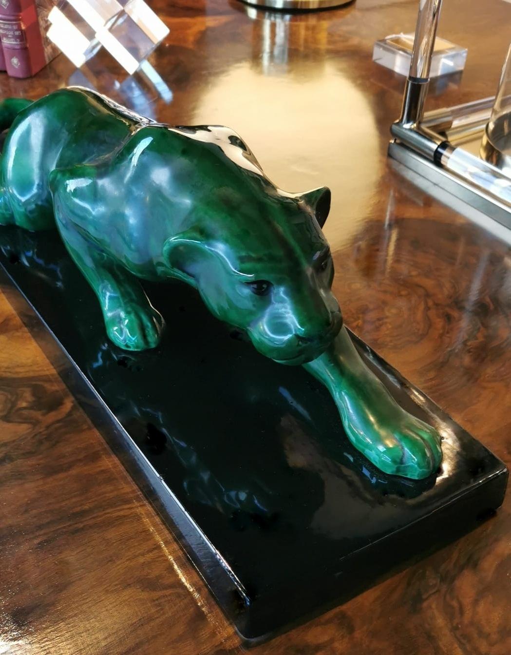 Art Deco Saint Clement Style Panther in Antique Green Ceramic Glazed France 7