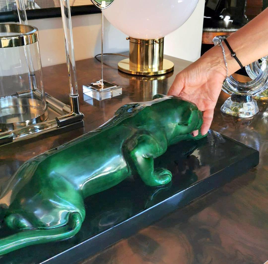 Art Deco Saint Clement Style Panther in Antique Green Ceramic Glazed France 8