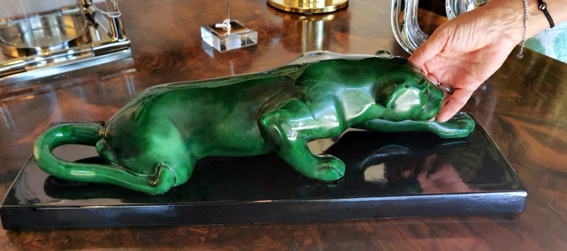 Art Deco Saint Clement Style Panther in Antique Green Ceramic Glazed France 9