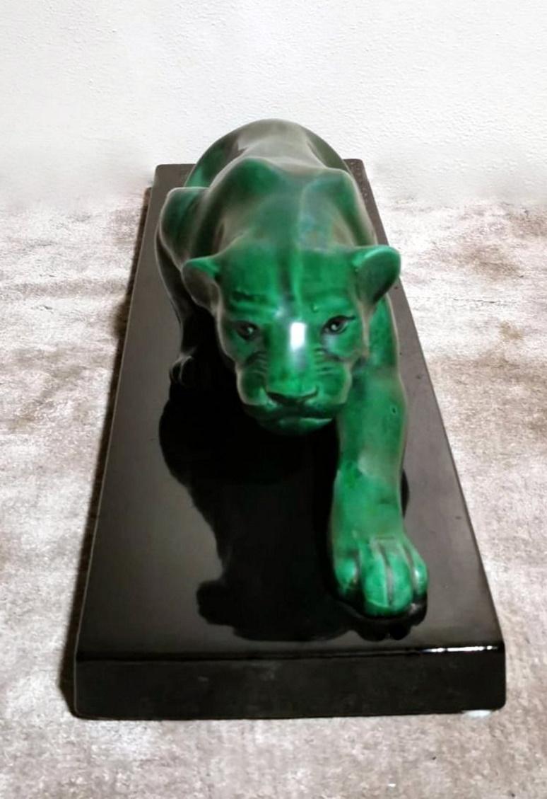 French Art Deco Saint Clement Style Panther in Antique Green Ceramic Glazed France