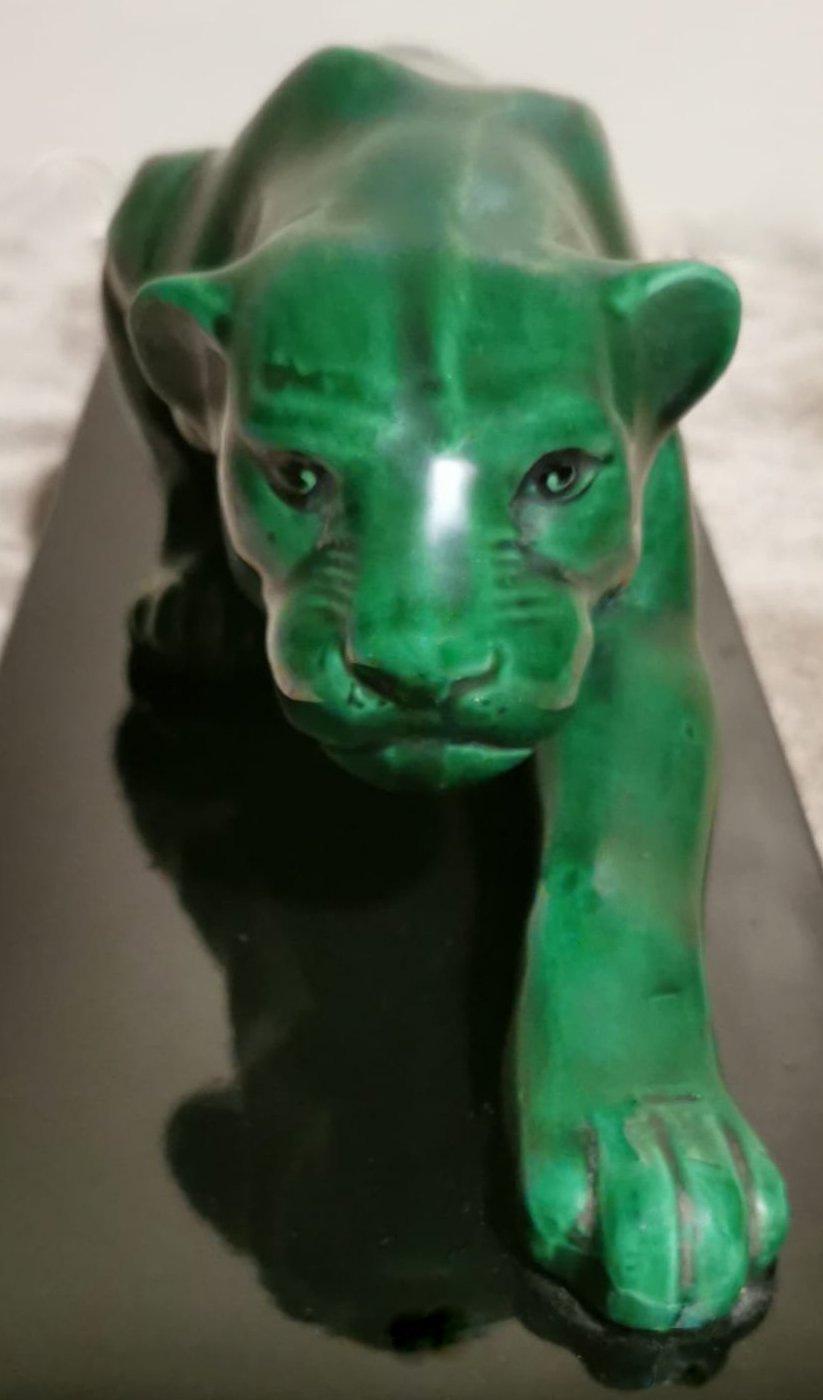 Enameled Art Deco Saint Clement Style Panther in Antique Green Ceramic Glazed France