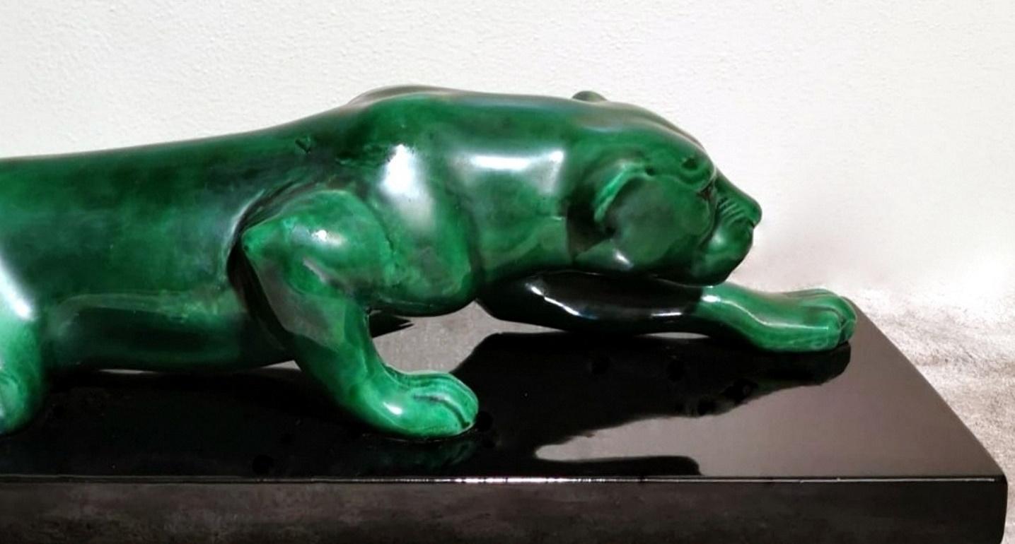 Art Deco Saint Clement Style Panther in Antique Green Ceramic Glazed France In Good Condition In Prato, Tuscany