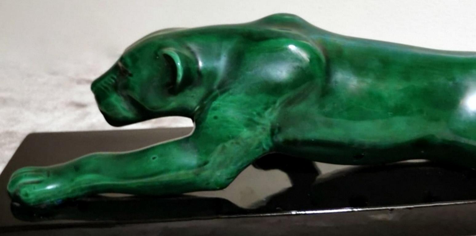 20th Century Art Deco Saint Clement Style Panther in Antique Green Ceramic Glazed France