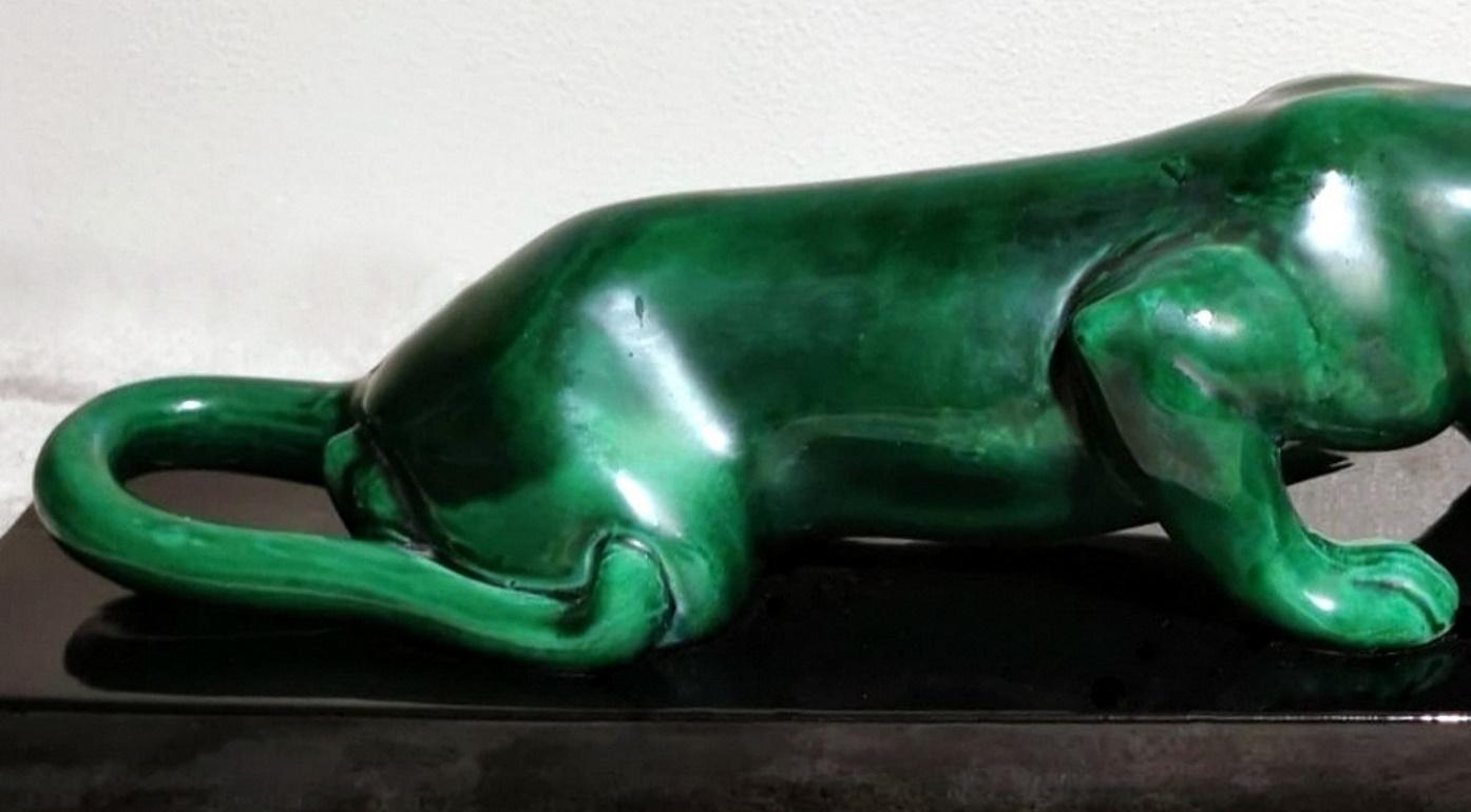 Art Deco Saint Clement Style Panther in Antique Green Ceramic Glazed France 1