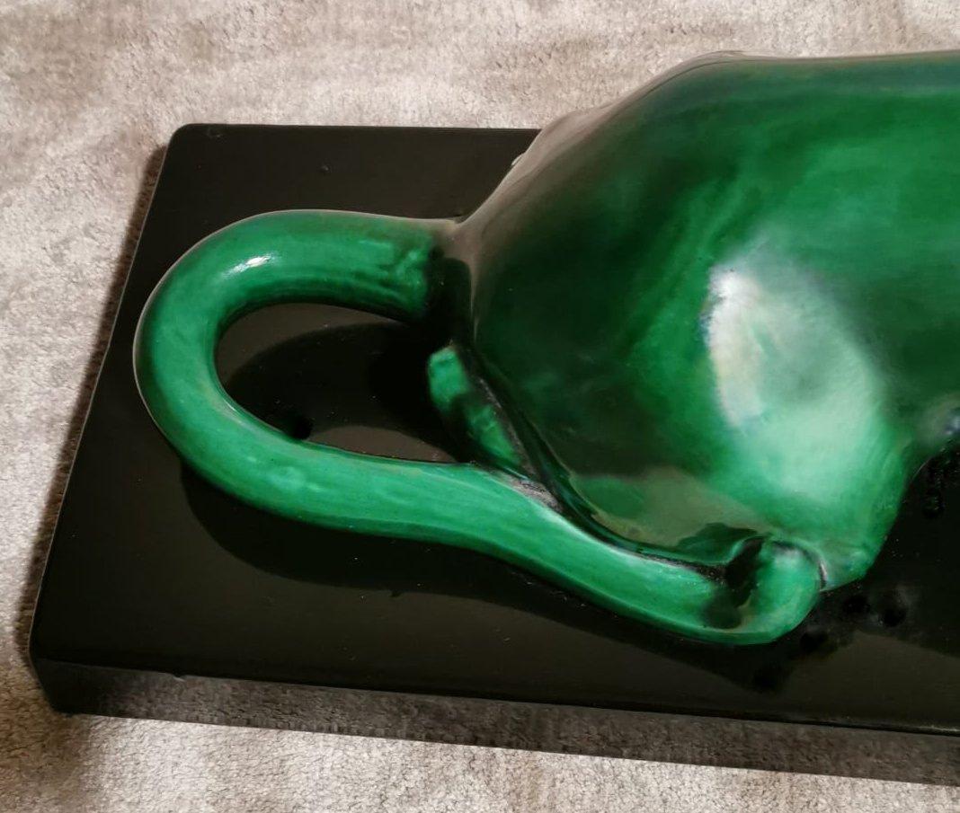 Art Deco Saint Clement Style Panther in Antique Green Ceramic Glazed France 2