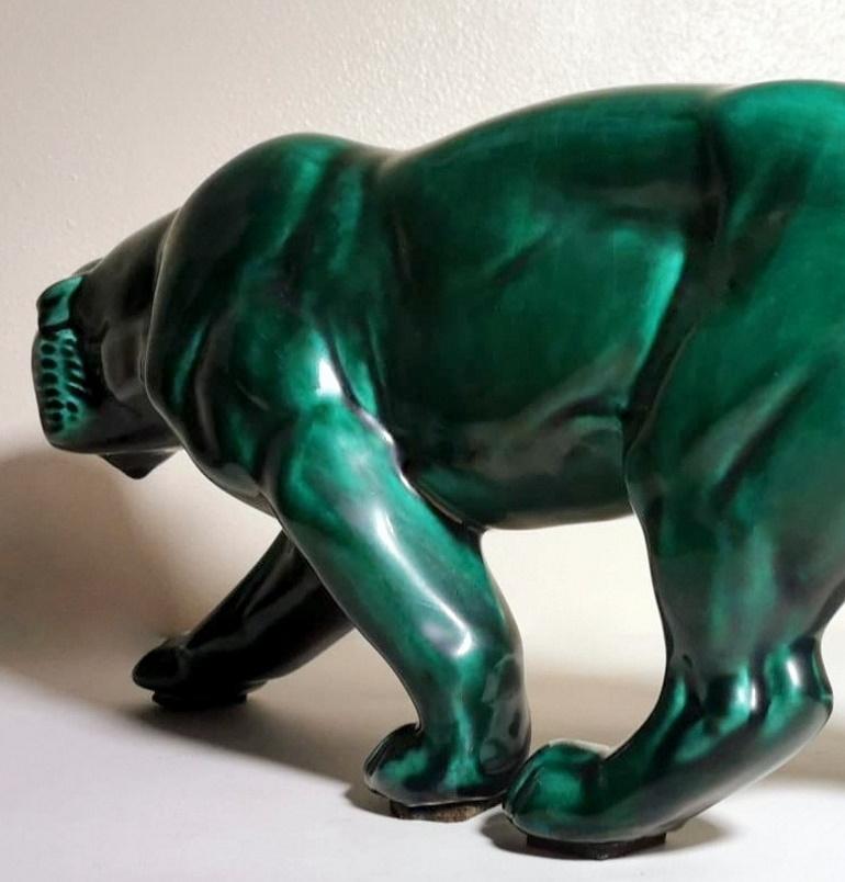 Saint Clement Style France Art Deco Panther In Antique Green Glazed Ceramic 5