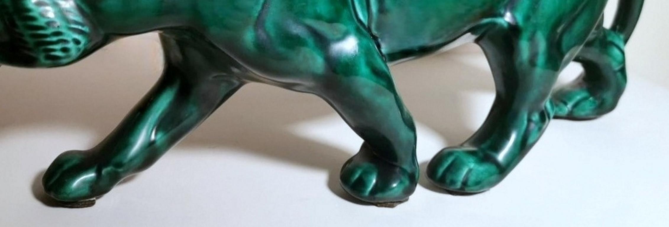 Saint Clement Style France Art Deco Panther In Antique Green Glazed Ceramic 6