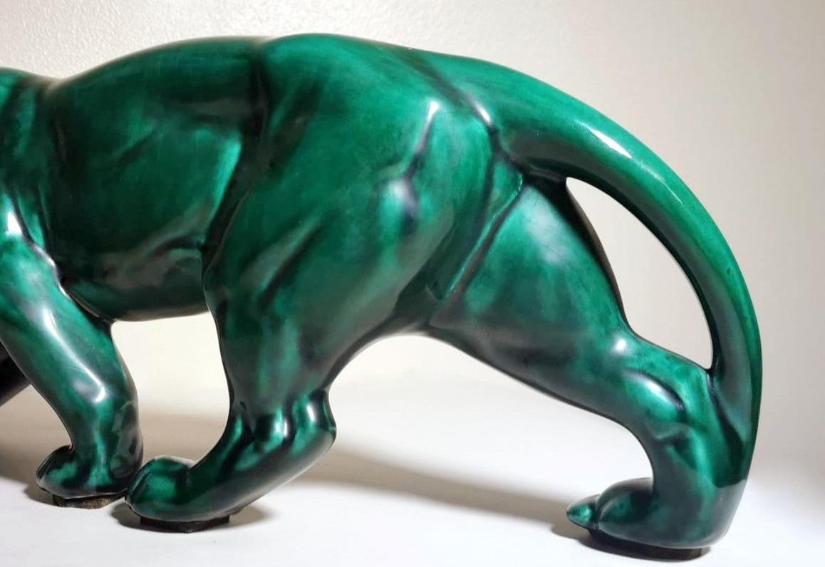 Saint Clement Style France Art Deco Panther In Antique Green Glazed Ceramic 7