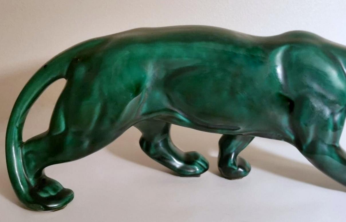 Saint Clement Style France Art Deco Panther In Antique Green Glazed Ceramic 8