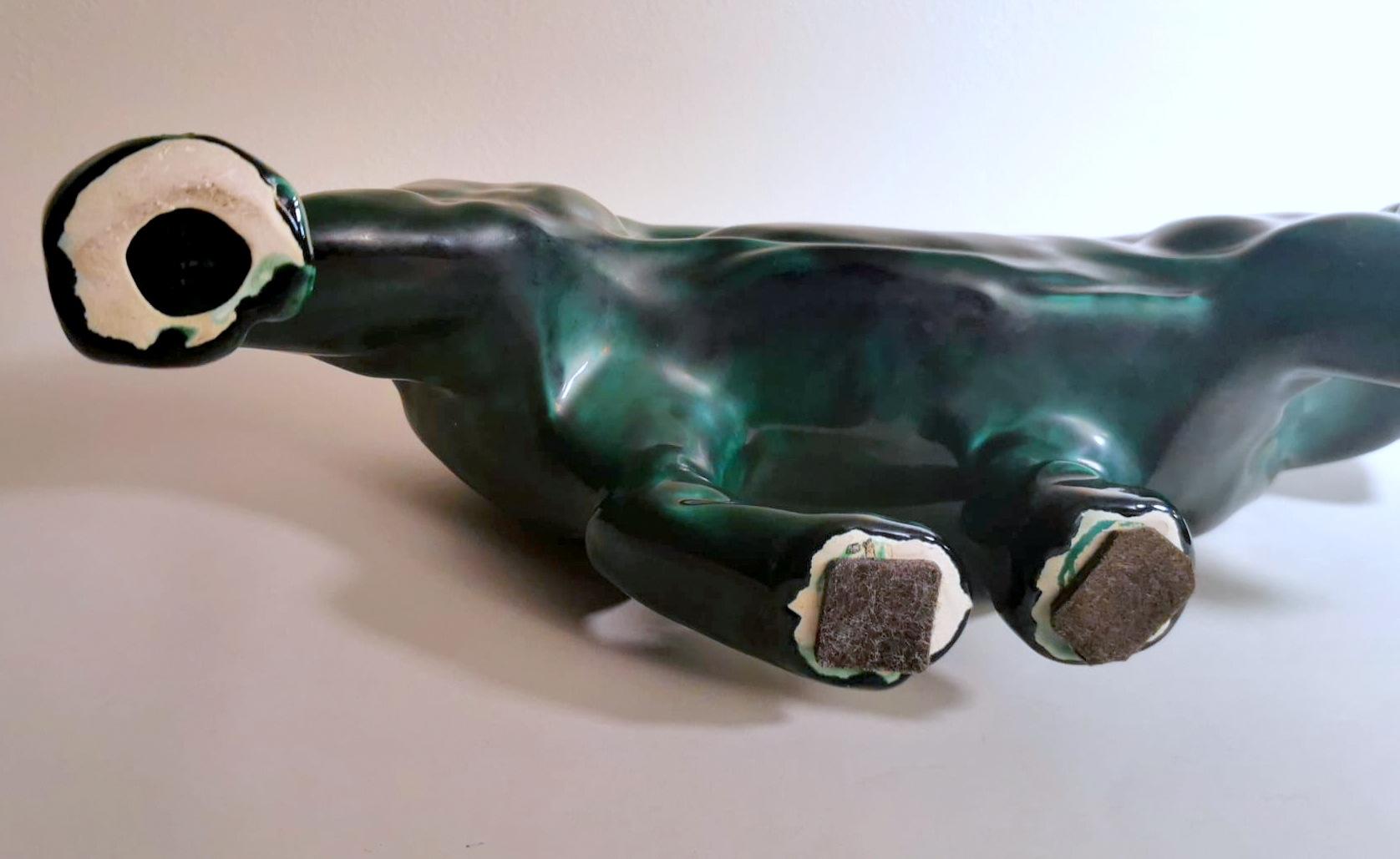 Saint Clement Style France Art Deco Panther In Antique Green Glazed Ceramic 10