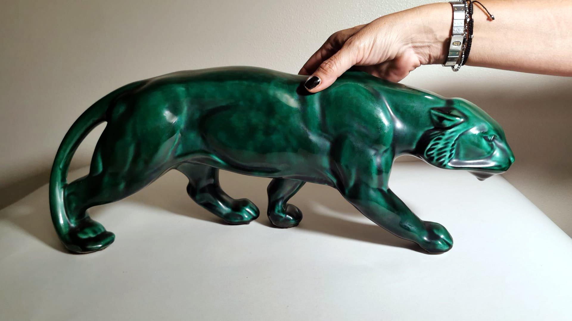 Saint Clement Style France Art Deco Panther In Antique Green Glazed Ceramic 11