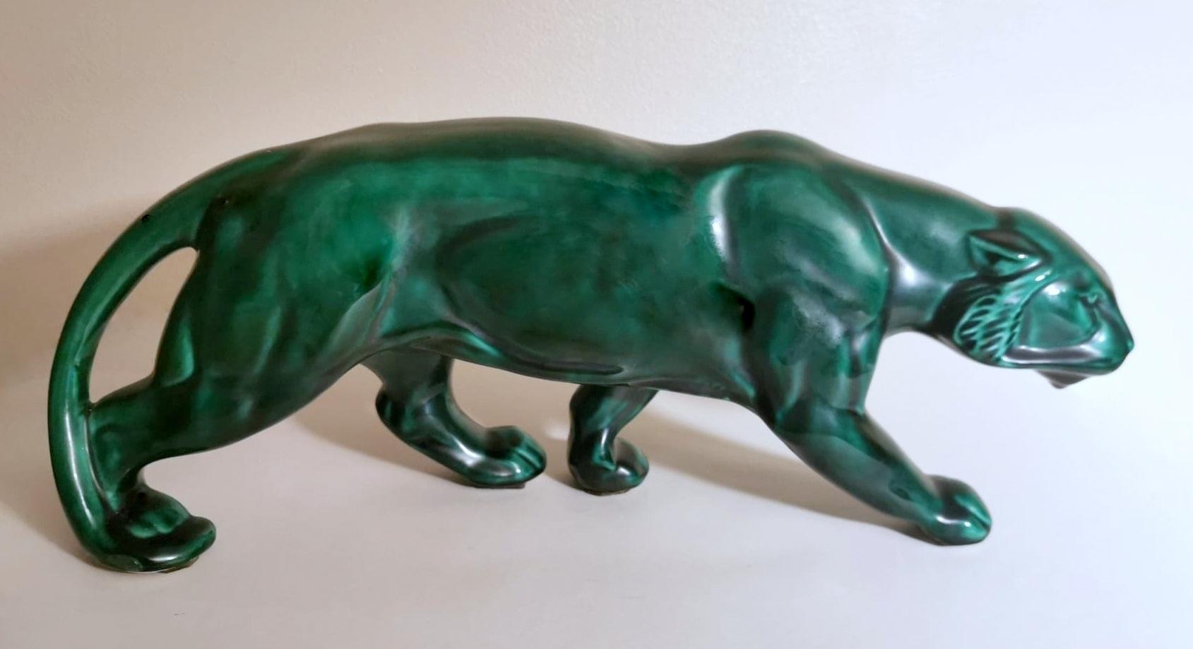 French Saint Clement Style France Art Deco Panther In Antique Green Glazed Ceramic