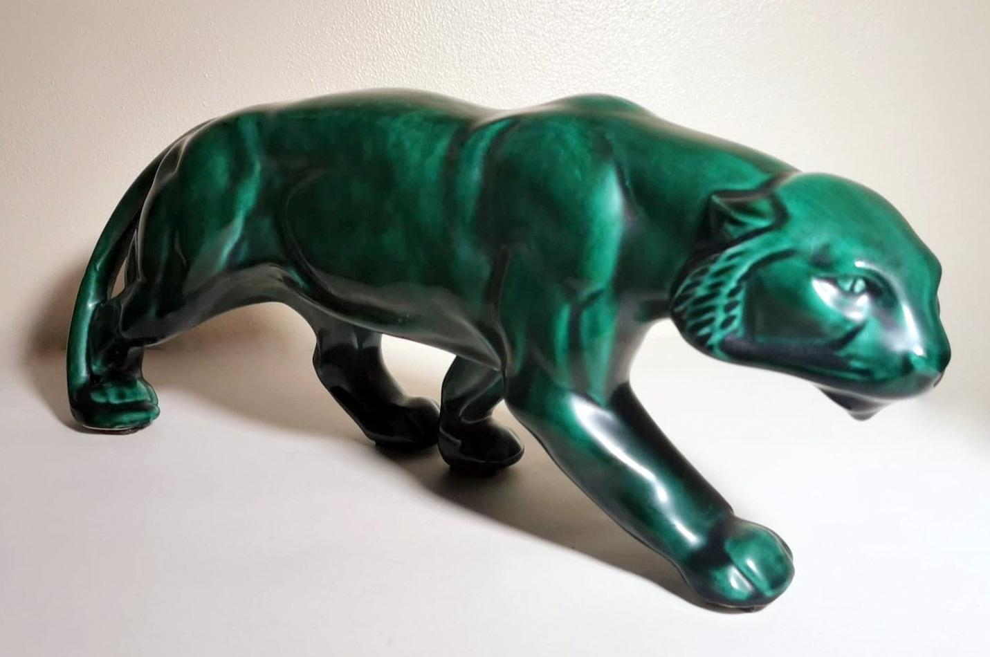 Saint Clement Style France Art Deco Panther In Antique Green Glazed Ceramic In Good Condition In Prato, Tuscany