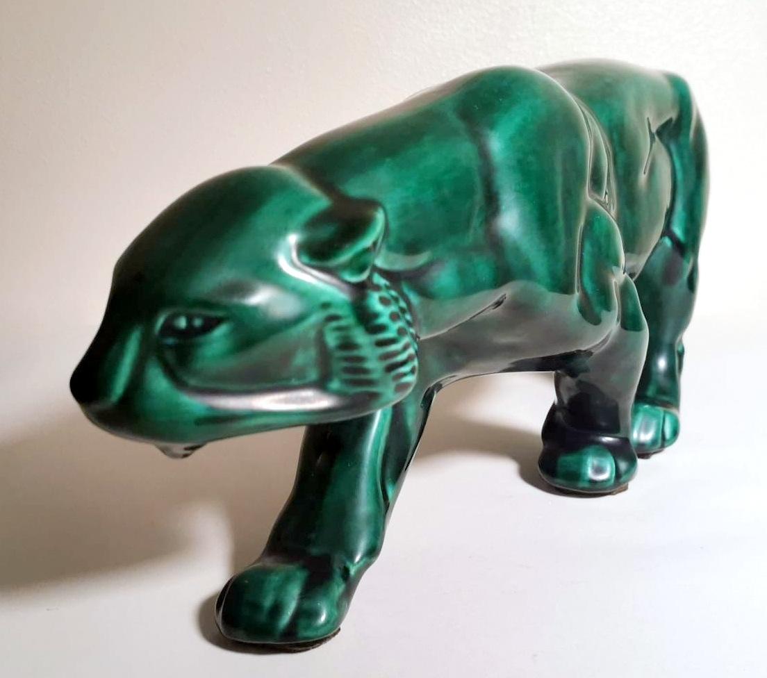 20th Century Saint Clement Style France Art Deco Panther In Antique Green Glazed Ceramic