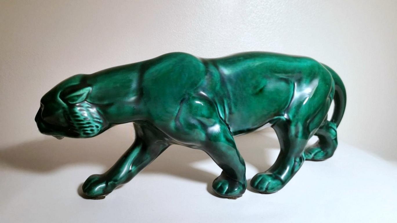 Saint Clement Style France Art Deco Panther In Antique Green Glazed Ceramic 1