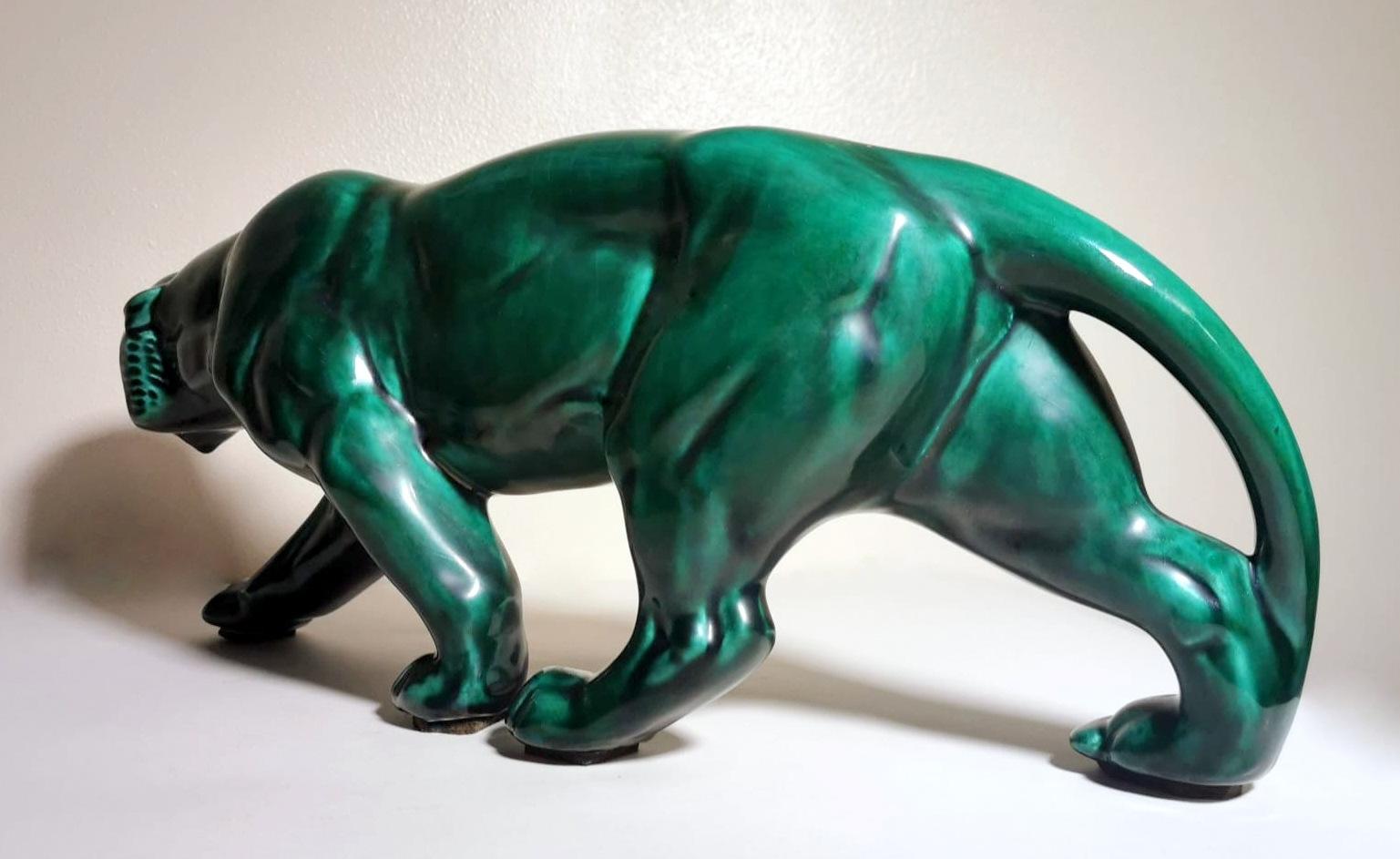 Saint Clement Style France Art Deco Panther In Antique Green Glazed Ceramic 2