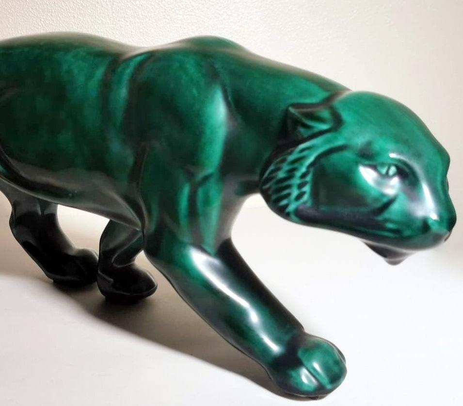 Saint Clement Style France Art Deco Panther In Antique Green Glazed Ceramic 4