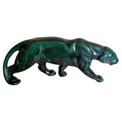 Saint Clement Style France Art Deco Panther In Antique Green Glazed Ceramic